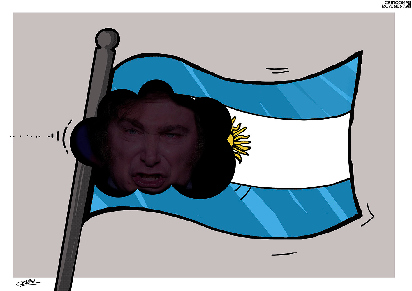 Cartoon showing the Argentinian flag. A storm cloud with the face of Milie is moving in to block the sun on the flag.