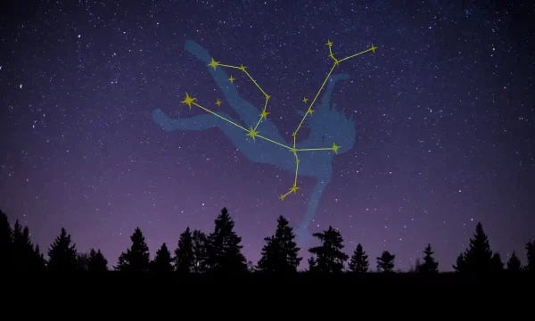 An illustrated image of the constellation Andromeda over a line of dark trees silhouetted against the night sky. The constellation shows a woman falling back to the ground with her feet pointing up and her arms splayed out to the side.