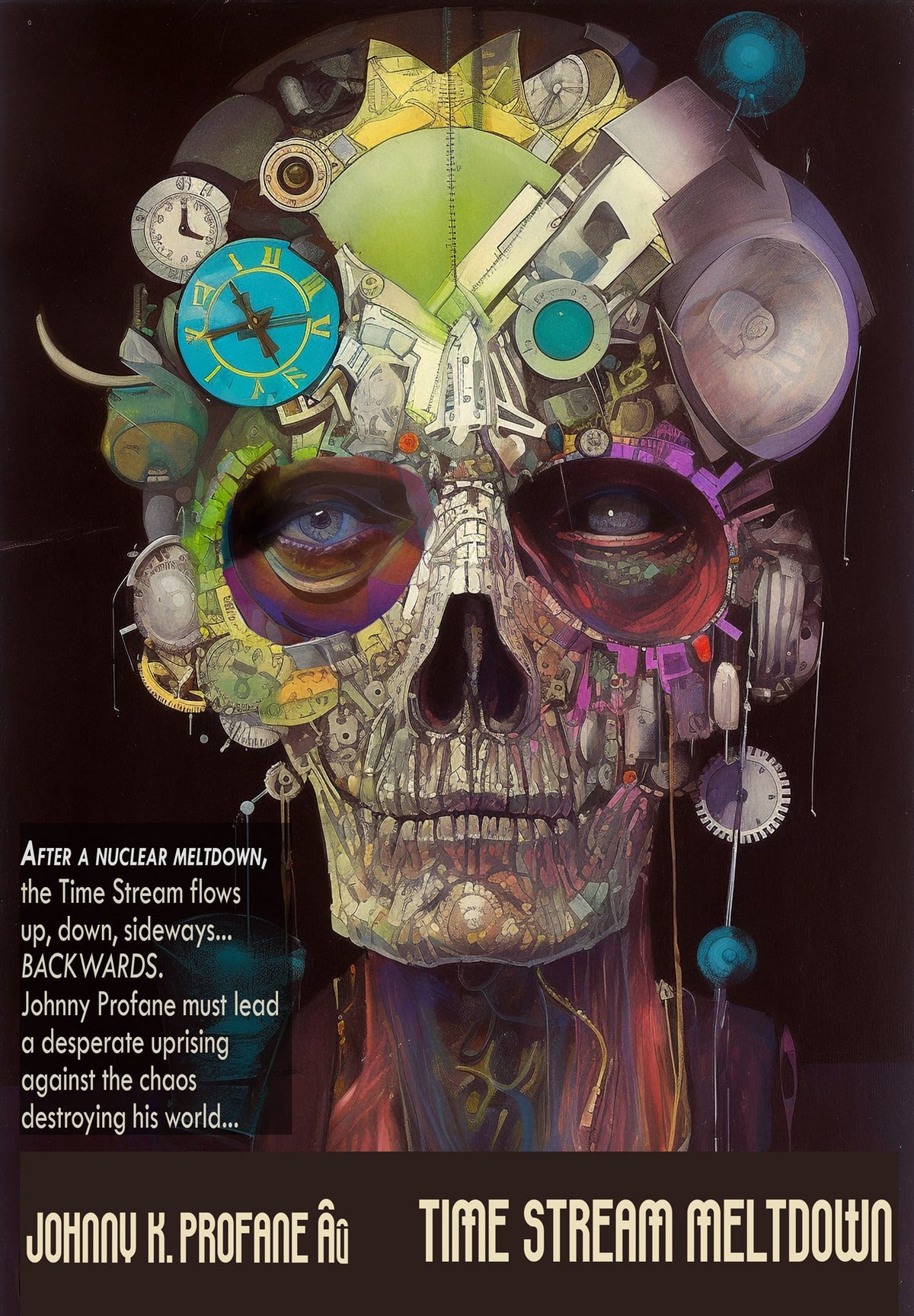 "In My Own Time," an imagined pulp fiction book cover, inspired by Bob Pepper's famous cover for "Do Androids Dream of Electric Sheep," by Philip K. Dick. A grotesque man's head, mixing elements of xray, skeleton, watches, watch parts. He stares with one living and one dead eye at the reader. Title reads: "Johnny Profane Âû -- Time Stream Meltdown." Teaser text reads: "After a nuclear meltdown, the Time Stream flows up, down, sideways… Backwards. Johnny Profane must lead a desperate uprising against the chaos destroying his world…" A mixture of Midjourney prompts, sketching, photos and more. Digital tools included AI.