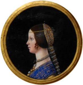 Miniature portrait of Beatrice d'Este. She faces left and wears an ornate blue gown decorated with gold swirls. Her hair is in a long braid surrounded by pearls.