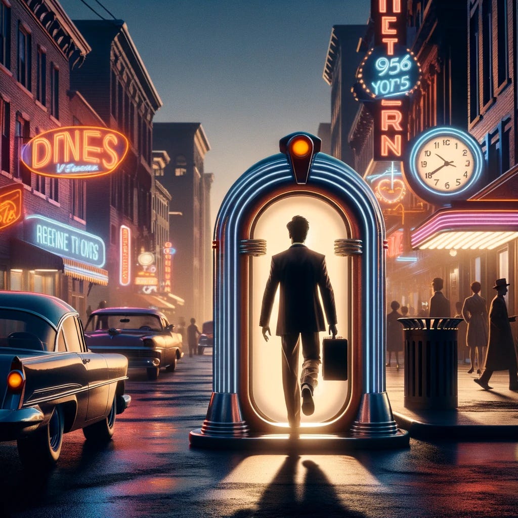 A silhouetted man stepping out of a time machine onto the streets of a bustling 1956 American city, but now facing away from the time machine, indicating he is stepping out and exploring his surroundings. The scene maintains the essence of the 1950s with vintage cars, neon signs illuminating diners and shops, and people dressed in period-appropriate attire. The time machine is designed with a retro-futuristic aesthetic, featuring sleek curves and chrome details. The evening sky adds a twilight glow, enhancing the nostalgic and mysterious ambiance.