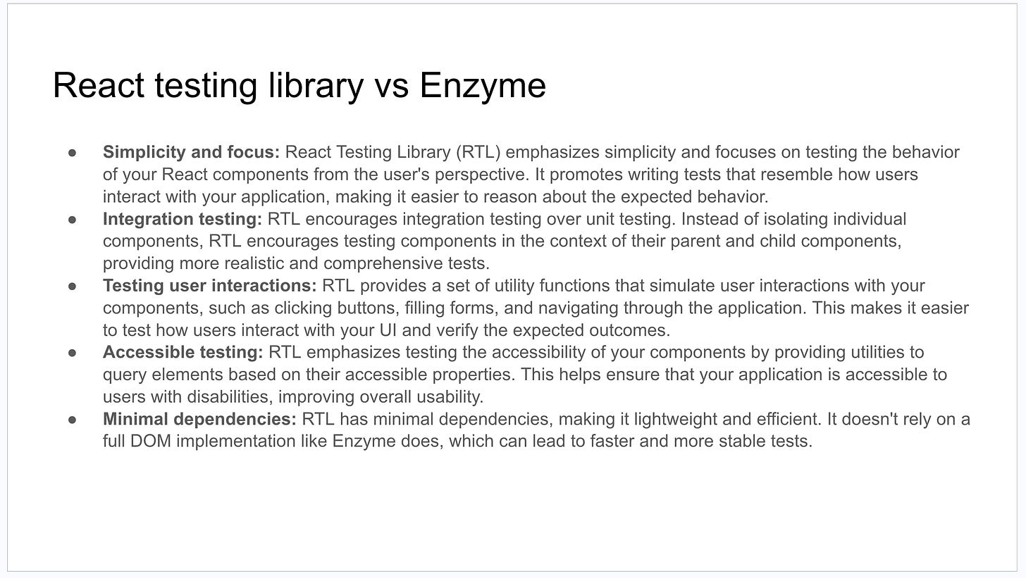 Slide with React testing library vs Enzyme with 5 points using 3 lines of text
