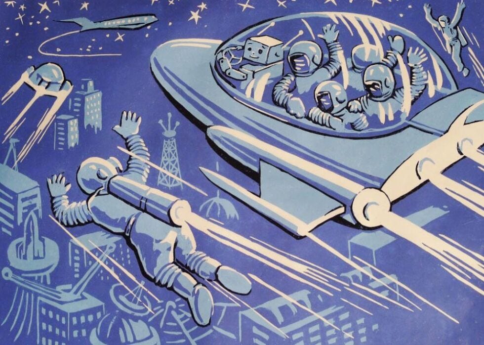 50s era style blue and white drawing of a flying car driven by a robot, man flying by in a jetpack and space suit, and a futuristic city.
