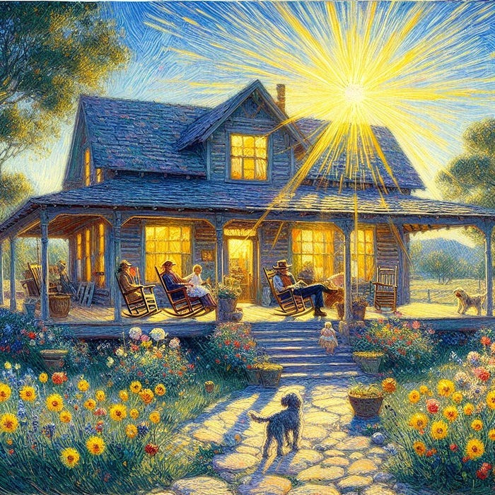 ideal home with dogs and children, sunset, flowers