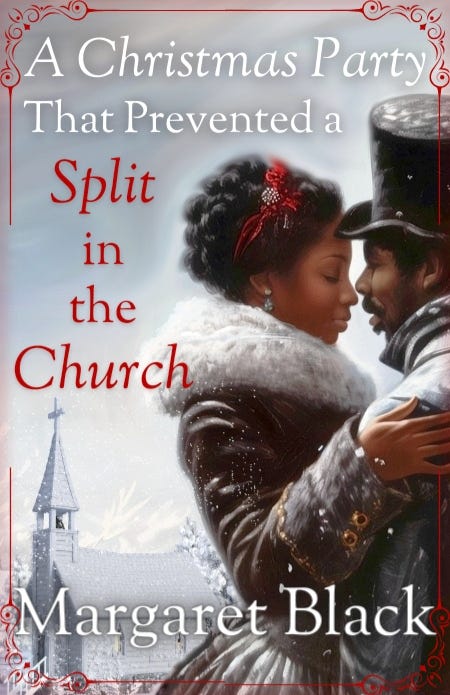 Illustrated book cover shows a romantic Black couple in vintage winter dress, standing in the snow outside of a church