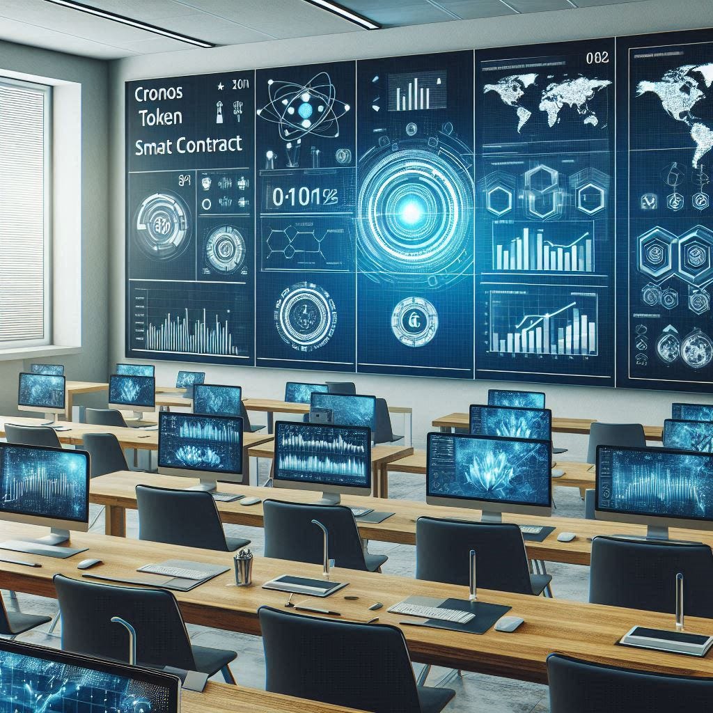 A high-tech classroom with digital monitors displaying graphs, smart contract code snippets, and Cronos token diagrams. The setting emphasizes sophistication and innovation.