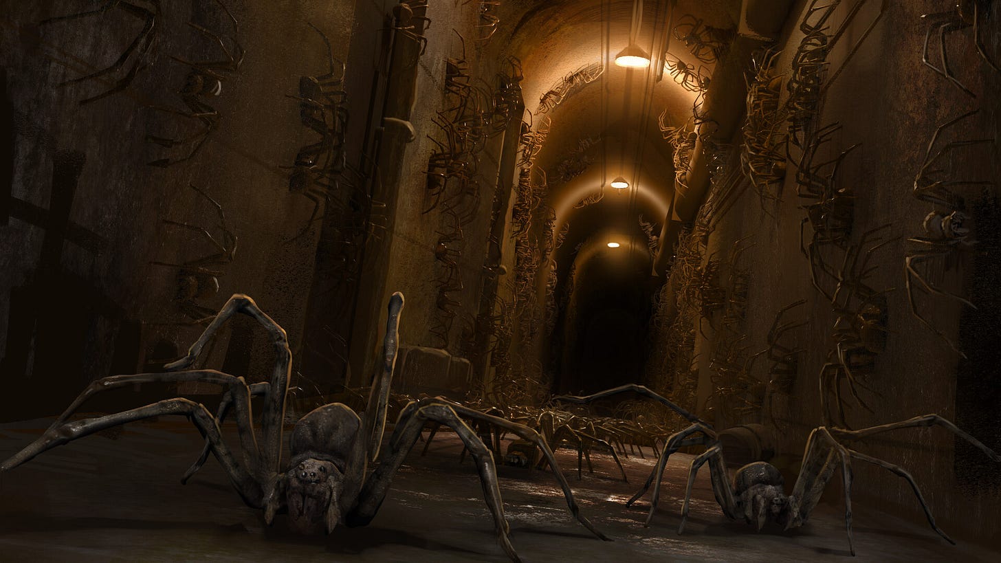 This image shows numerous large, mutated spiders running on the floor, the walls, and the ceiling of a subterranean concrete corridor during "Arachnids in the UK" (Doctor Who Series 11's fourth episode). This image shows numerous large, mutated spiders running on the floor, the walls, and the ceiling of a subterranean concrete corridor during "Arachnids in the UK" (Doctor Who Series 11's fourth episode).
