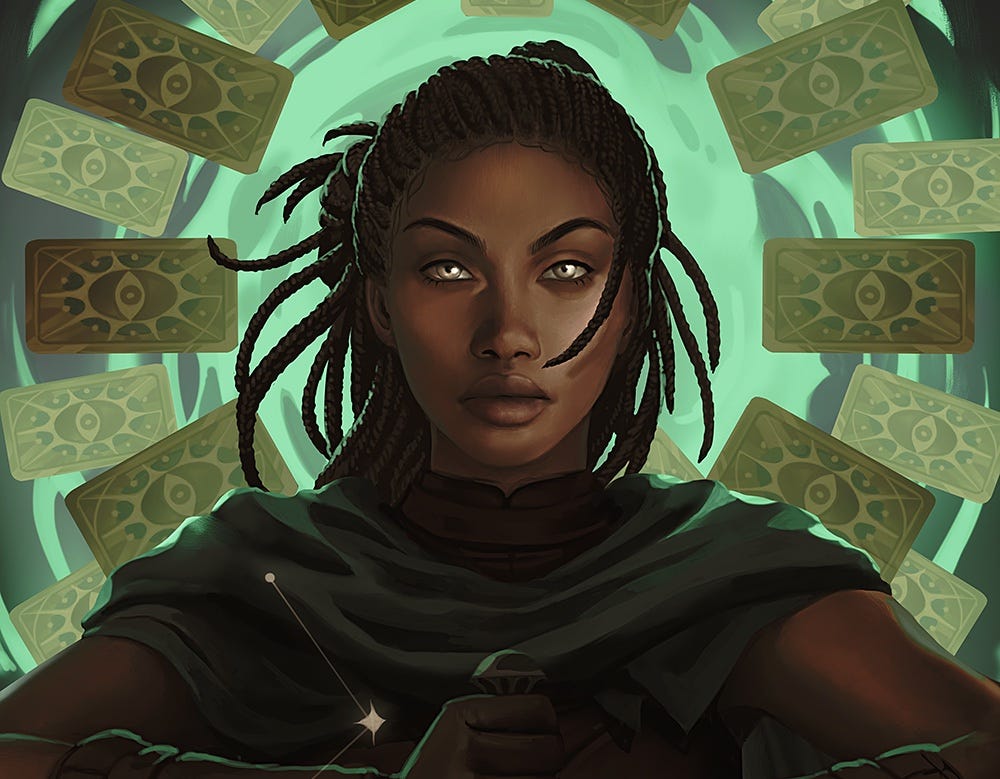 An illustration of Ryber, showing her fierce expression and silver Sightwitch eyes. She is surrounded by gold-backed taro cards and a glowing green light.