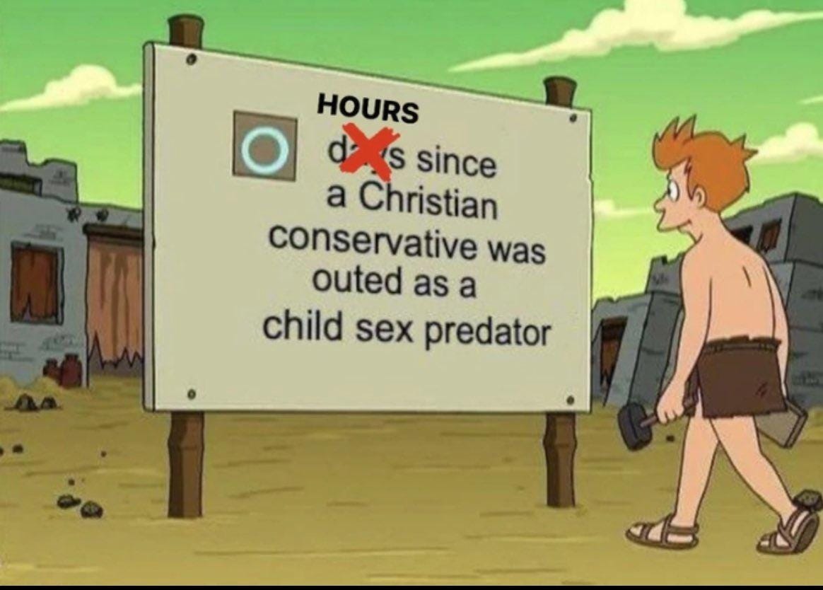 Cartoon of a billboard. The number "0" in front of the text days (crossed out, replaced by hours) since a Christian conservative was outed as a child predator