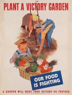 This may contain: an advertisement for the plant a victory garden, with two children picking vegetables from a basket
