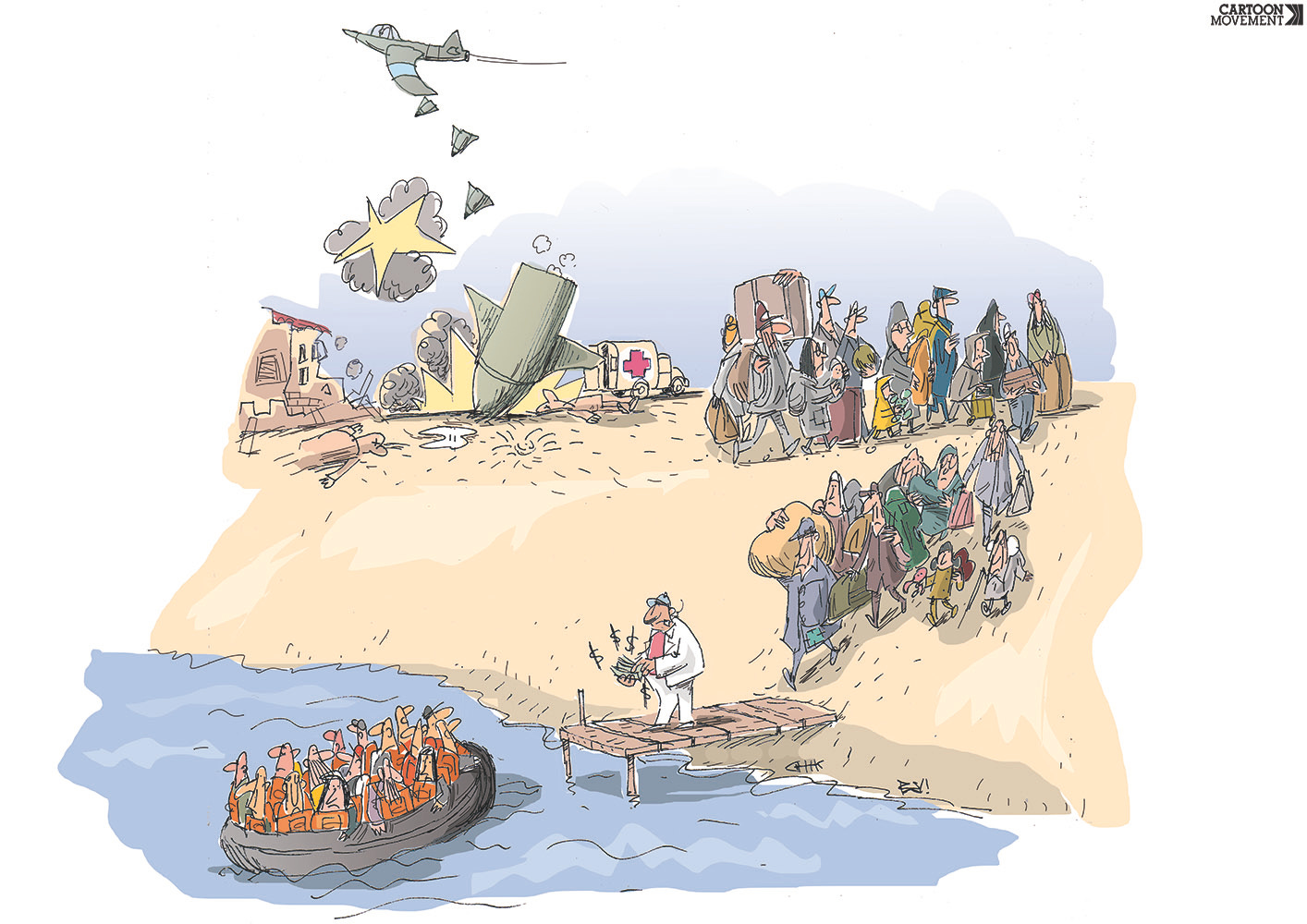 Cartoon showing a shore line with a jetty. A boat full of refugees is leaving while more refugees approach the jetty. On the jetty stands a man in a flashy suit counting money, while in the background missiles fall on a burning city.