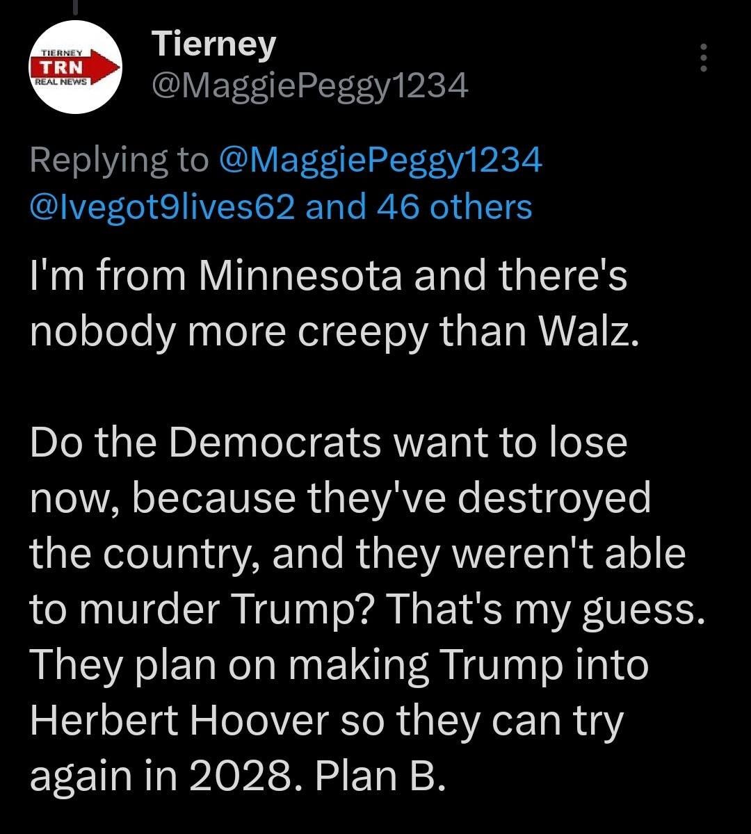 May be an image of text that says 'TIERNEY TRN REALNEWS Tierney @MaggiePeggy12 1234 Replying to @MaggiePeggy1234 @lvegot9lives62 and 46 others I'm from Minnesota and there's nobody more creepy than Walz. Do the Democrats want to lose now, because they've destroyed the country, and they weren't able to murder Trump? That's my guess. They plan on making Trump into Herbert Hoover so they can try again in 2028. Plan B.'