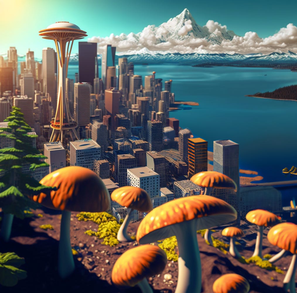 Psilocybin mushrooms in foreground. Downtown Seattle, Puget Sound, and Space Needle that represents tall psychedelic mushroom in backgrond.