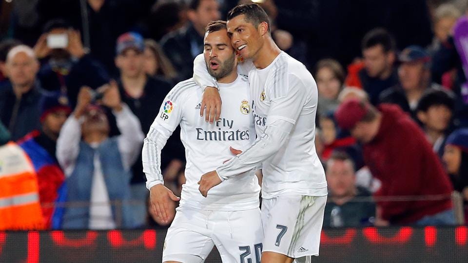 cristiano ronaldo with Karim Benzema soccer strike