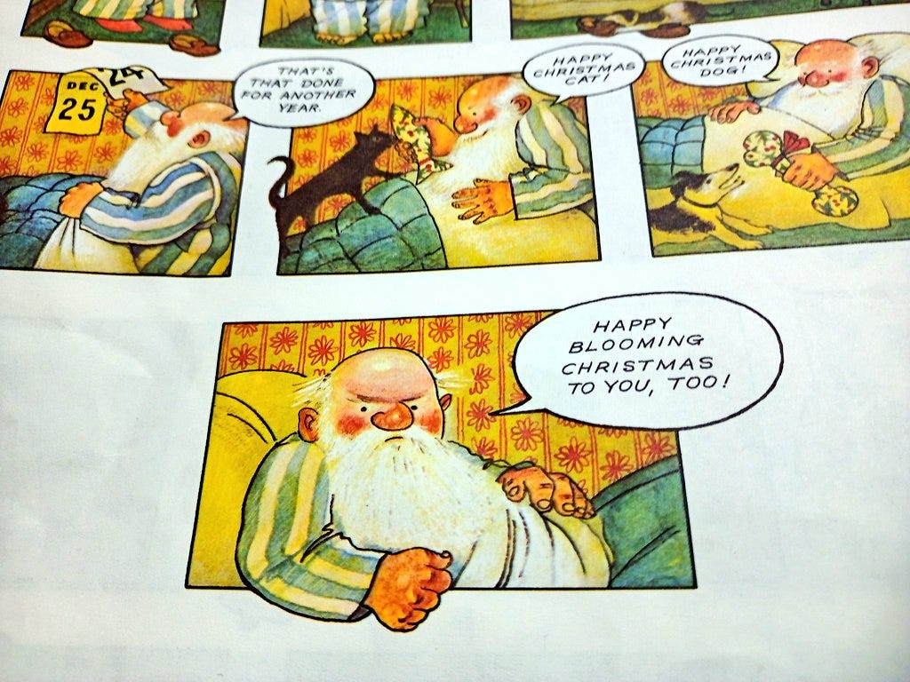 Raymond Briggs' Father Christmas wishes you a happy blooming Christmas