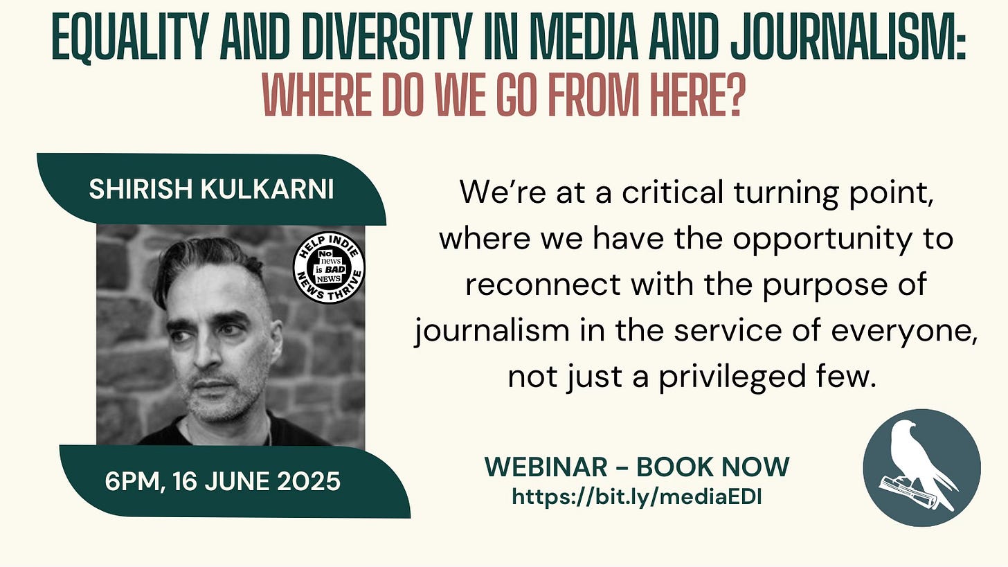A title card showing an image of webinar panellist Shirish Kulkarni and a quote from him that says we are at a critical turning point for diversity in the media