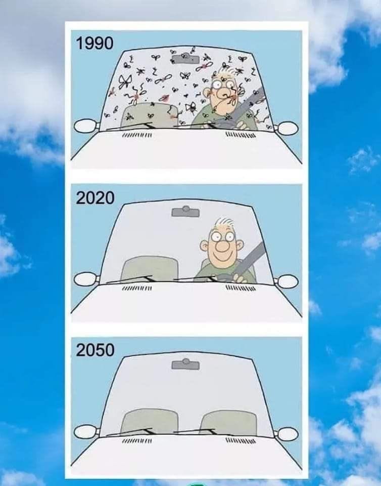 1990: Bugs on windshield; 2020: No bugs but with driver; 2050: No bugs and no driver