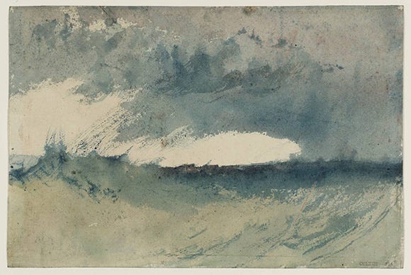 Joseph Mallord William Turner (British, 1775 - 1851), "Study of Sea," c.1820-30. Watercolour on paper support, 143 x 217 mm . Courtesy of Tate: Accepted by the nation as part of the Turner Bequest 1856. Photo © Tate, London 2014.