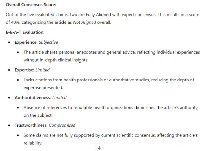 A fact checking GPT returning an accuracy score for the whole article and how trustworthy the content is