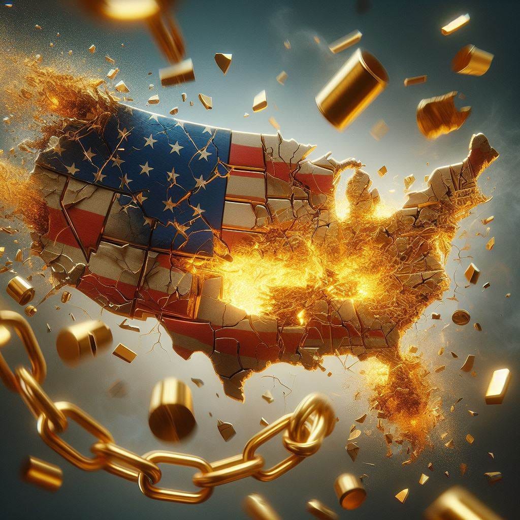 a map being of the United States torn apart, as golden fetters fall from the sky