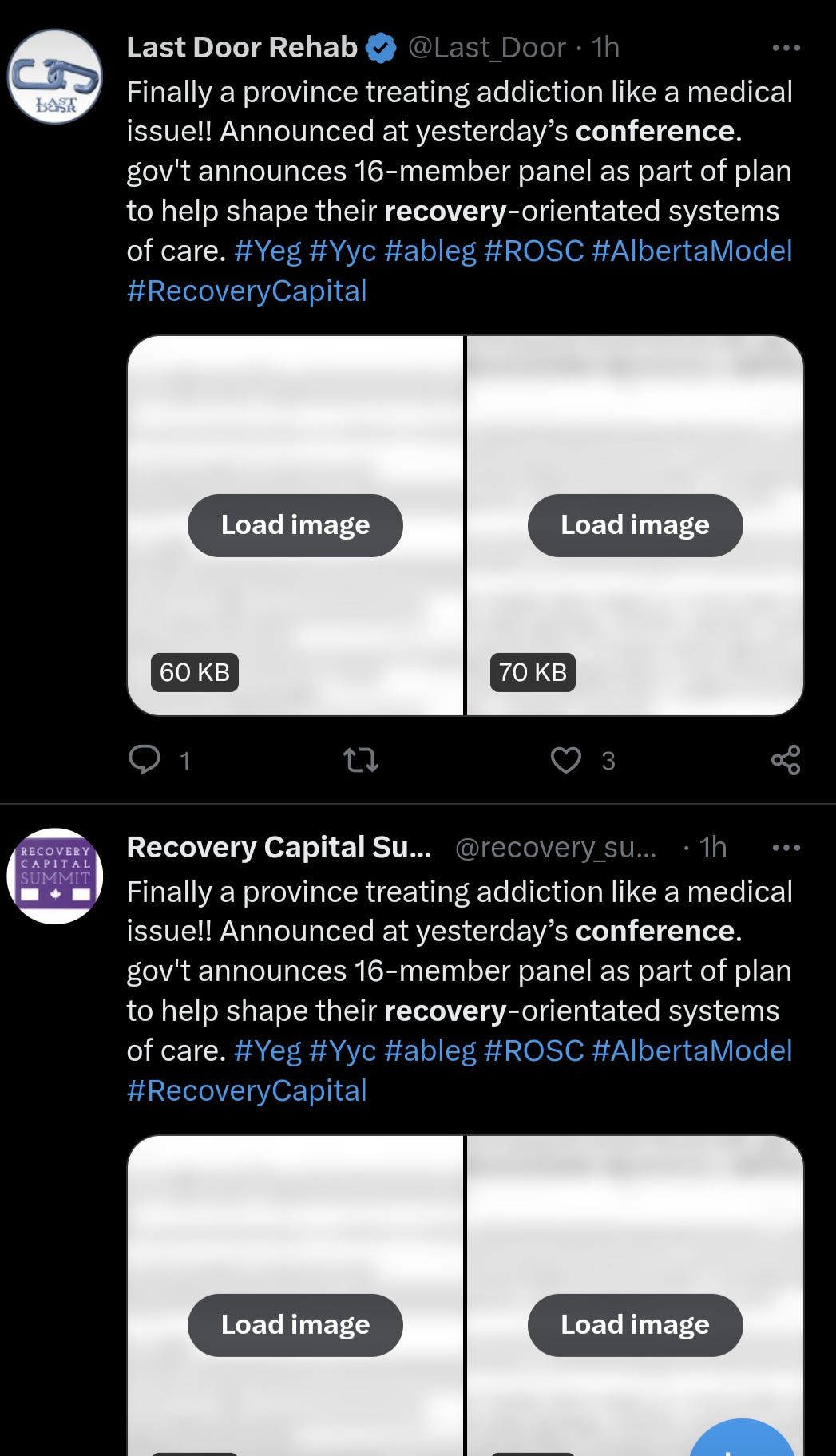 Tweets from last door rehab and recovery capital Summit that appear identical. Word for Word. Content of the tweets is just about putting the Alberta government on the back for its recovery oriented system of care.