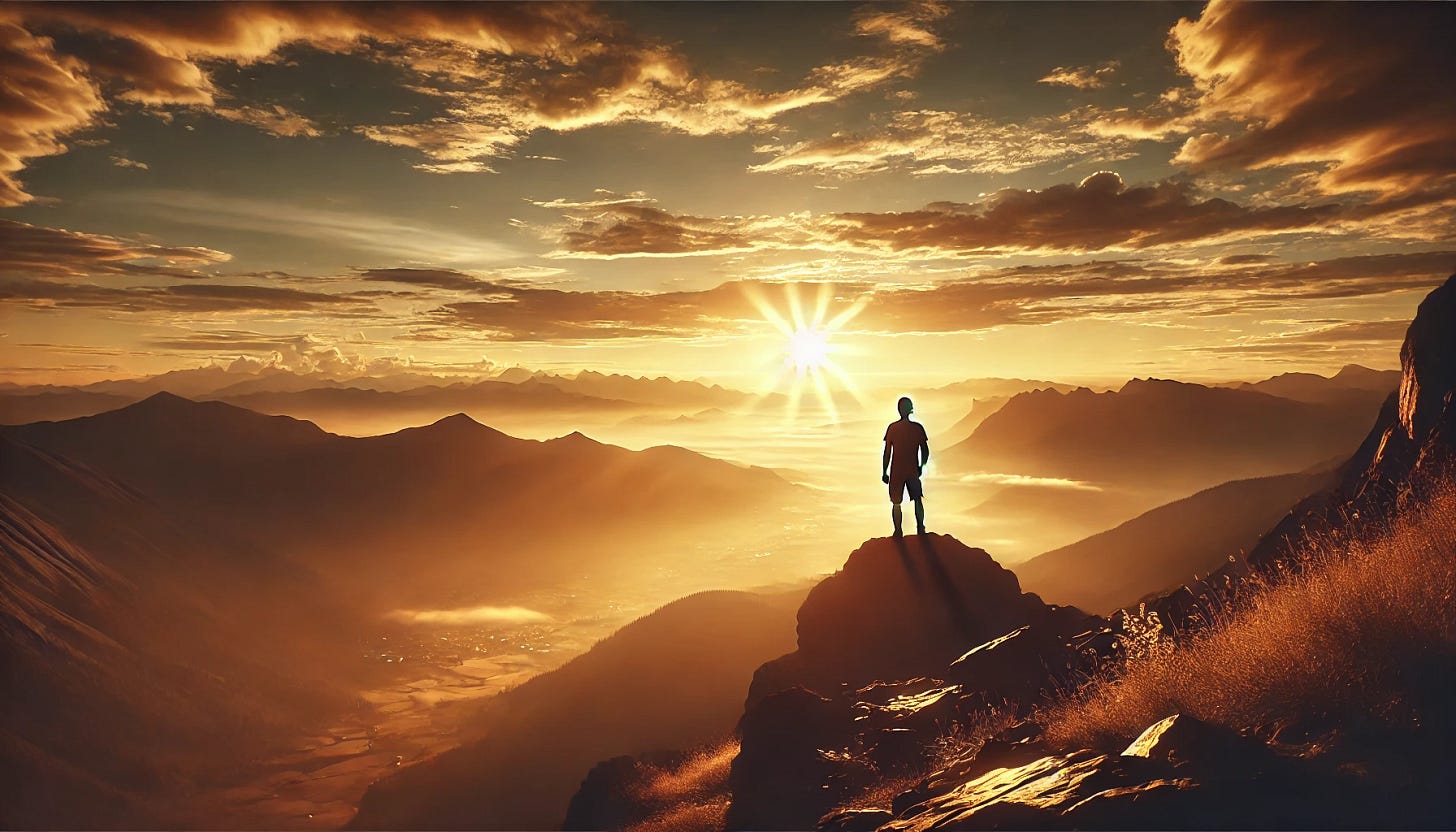 A serene image of a person standing on a mountaintop at sunrise, gazing out over a vast, peaceful valley below. The figure is silhouetted against the warm, golden light of the sunrise, symbolizing reflection and a search for purpose. The scene conveys a sense of achievement, introspection, and new beginnings, with soft clouds and a calm horizon in the distance.