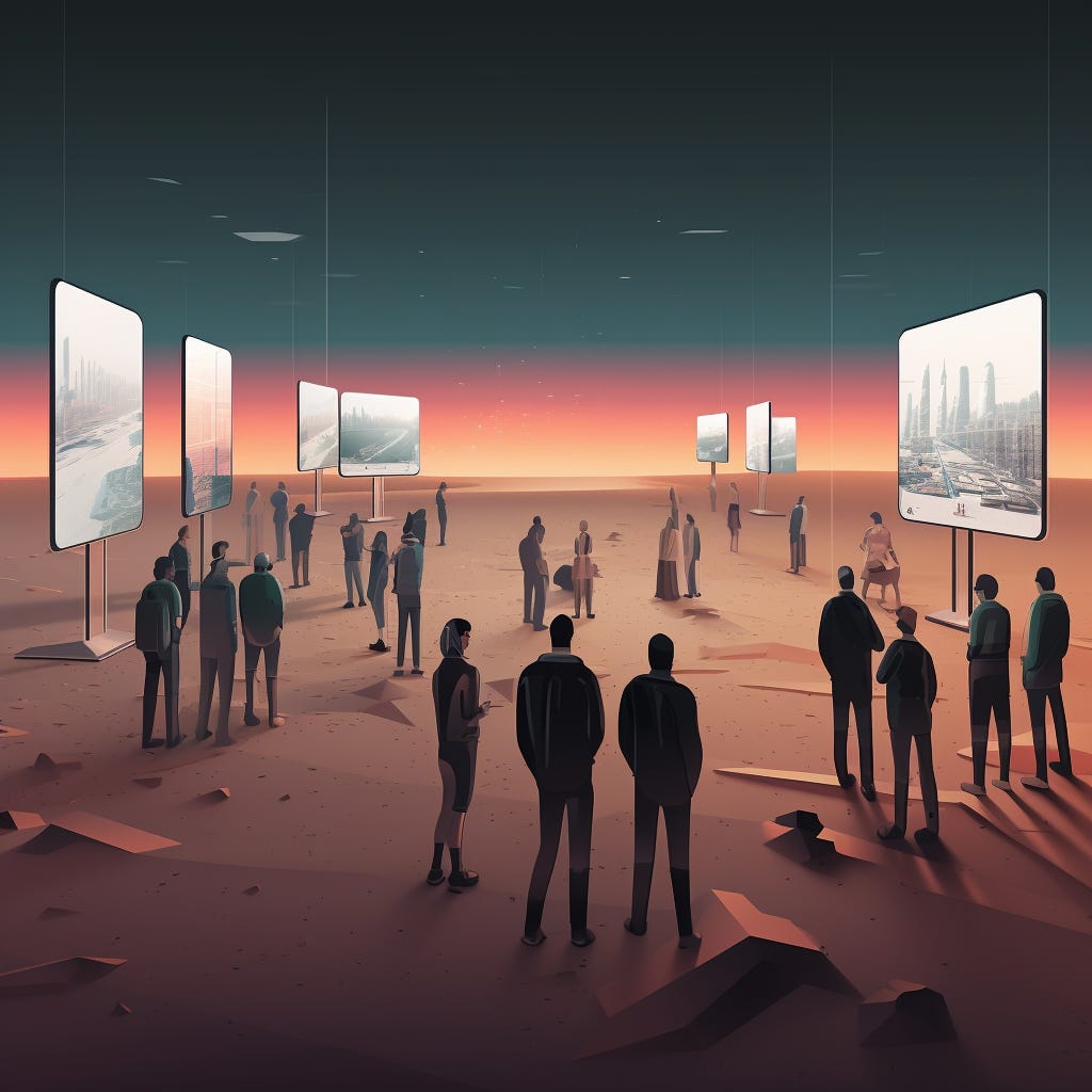 A dystopian scene where a few giant AI-controlled screens dominate the landscape, displaying uniform content, while people with blank expressions passively consume the information. 3d vector art realism
