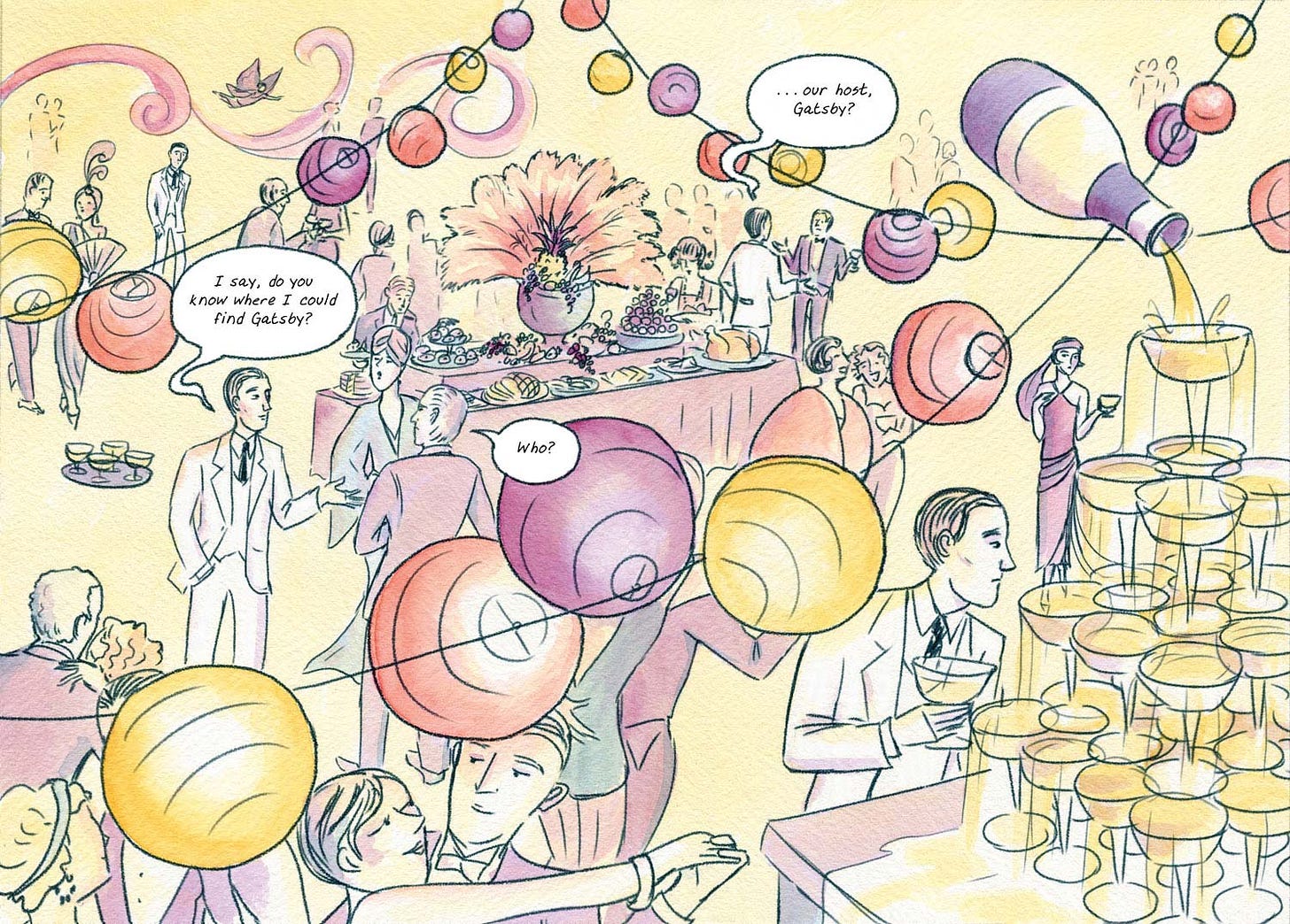 The Great Gatsby Graphic Novel party scene in watercolor by K Woodman-Maynard