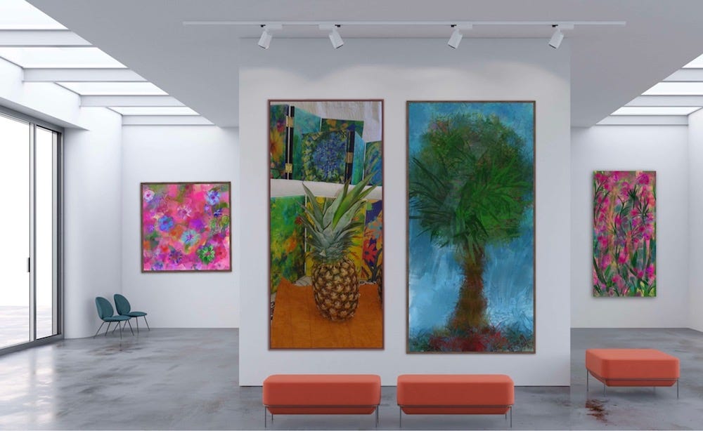 Four large floral paintings by Sherry Killam on white gallery walls.