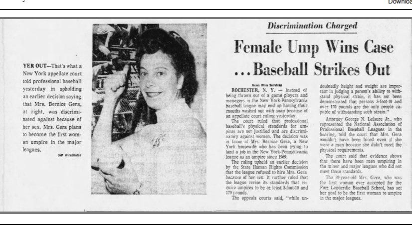 Perry Barber on X: "OTD 51 years ago, a momentous legal decision was  reached when umpire Bernice Gera's right to umpire professional baseball  was upheld by the courts. Significantly, her suit made