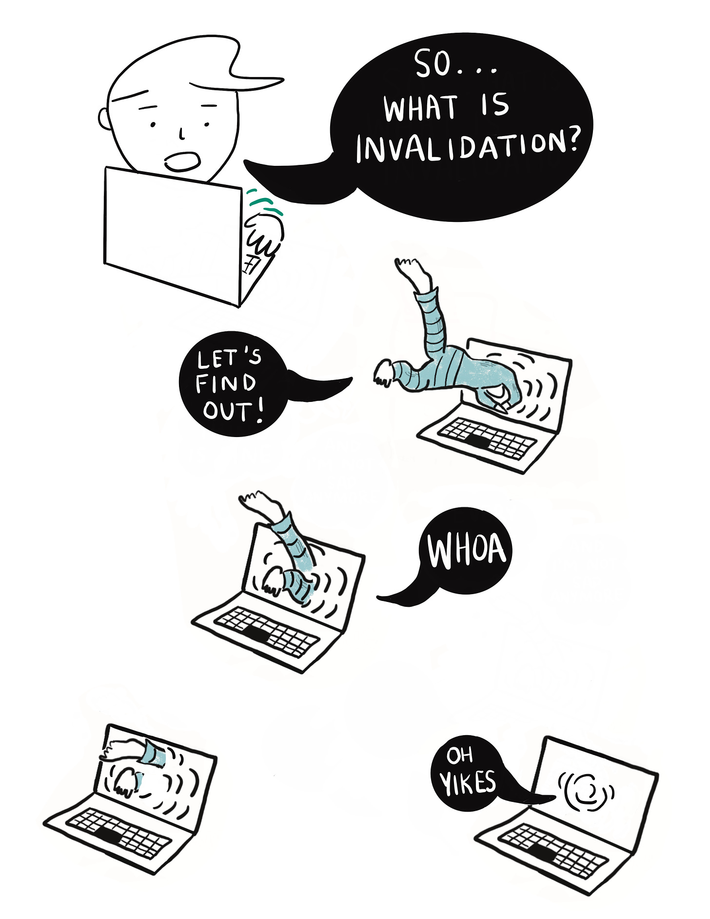 Cartoonist at a laptop saying "so what is invalidation" Cartoonist diving into their laptop saying "let's find out" Cartoonist dives in further and finally says "whoa"