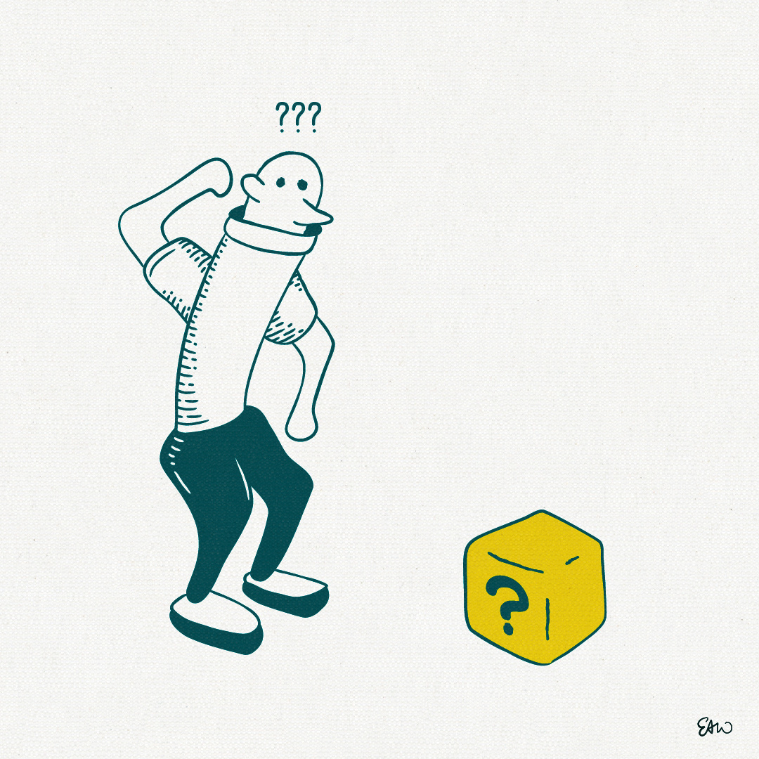 Panel one of four of a cartoon drawn in a vintage style with minimal detail. A character has stumbled upon a perfect yellow cube on the floor with a question mark printed on one side.