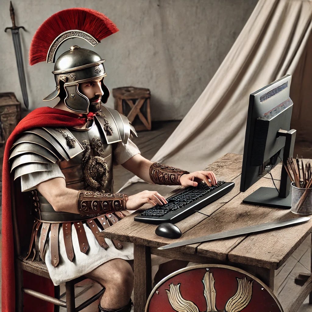 A Roman legionary soldier, dressed in traditional Roman armor with a helmet, is sitting at a modern computer. He is typing on a keyboard, with a serious expression, as if focused on programming. The surrounding environment is a mix of ancient and modern elements: a Roman shield and sword are placed beside him, while the computer desk and chair are contemporary. In the background, there is a glimpse of a Roman-style camp tent, creating a humorous contrast between the historical and modern worlds.