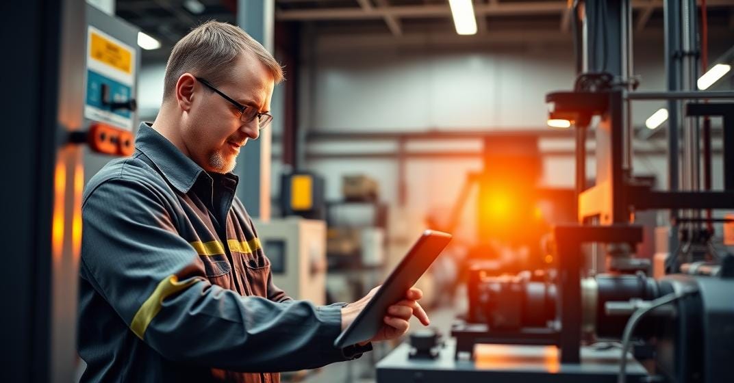 Mann in grauem Arbeitsanzug und Brille hält ein Tablet in der Hand und blickt in einer industriellen Umgebung darauf.