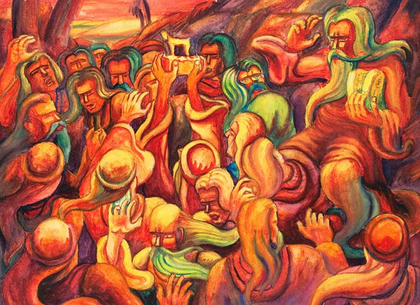 A painting of people gathered around and holding up a golden calf figurine