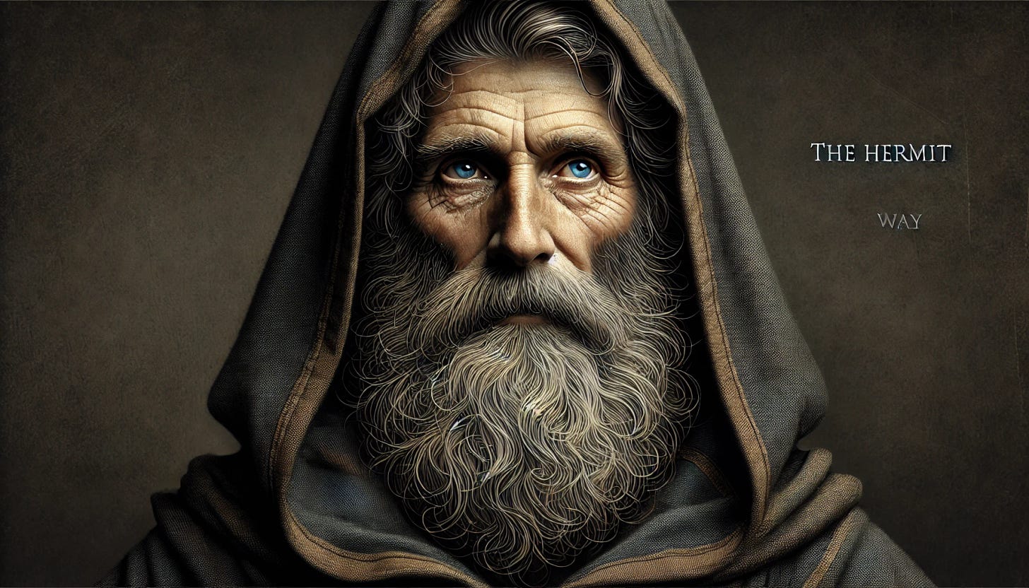 A detailed portrait of an elderly man with a long gray beard and wearing a hooded cloak, resembling a hermit. He has a contemplative expression and a wise, weathered face. The background is dark, adding to the mysterious and secluded atmosphere. The text 'The Hermit Way' is written at the bottom of the image in elegant, serif font.