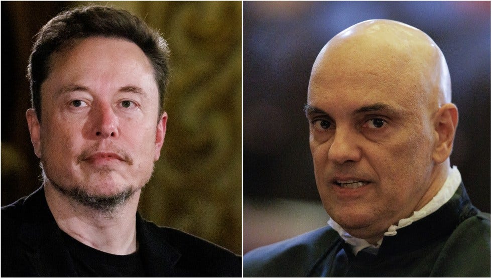 Combo de fotografías donde se observa al juez del Tribunal Supremo de Brasil Alexandre de Moraes (d) y al empresario propietario de la red social X, Elon Musk. EFE/Tolga Akmen/Isaac Fontana