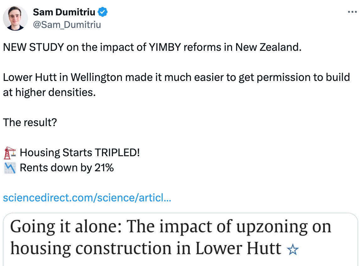  See new posts Conversation Sam Dumitriu @Sam_Dumitriu NEW STUDY on the impact of YIMBY reforms in New Zealand.  Lower Hutt in Wellington made it much easier to get permission to build at higher densities.  The result?   🏗️ Housing Starts TRIPLED! 📉 Rents down by 21%  https://sciencedirect.com/science/article/pii/S1051137724000512