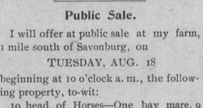 image of newspaper announcement of Albert Huff's Public Sale on 18 August 1908