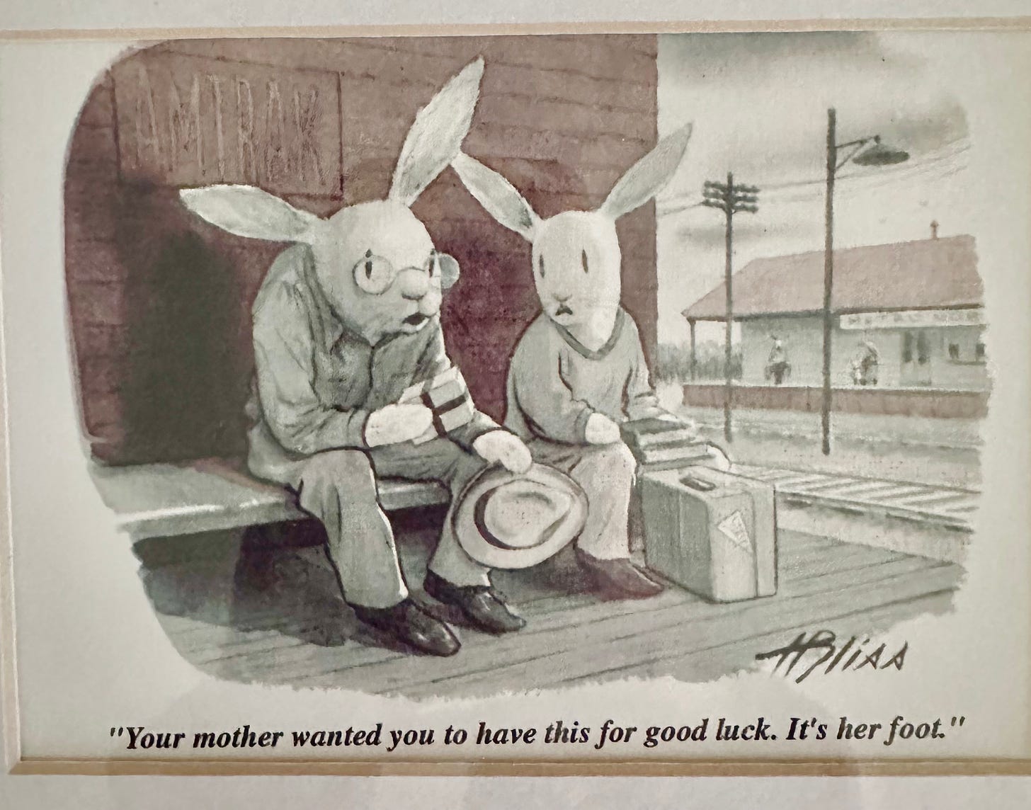 A father rabbit talking to a child rabbit about giving his child his mother's foot for good luck.