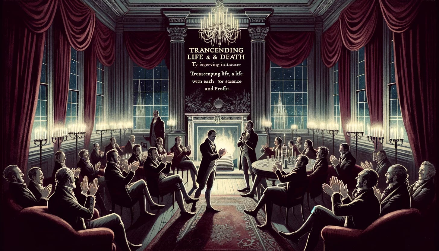 An elegant Regency-era drawing room at night, depicted in dark maroon and grey tones. The room is filled with investors applauding Samuel Alton, who stands confidently, having just concluded his visionary pitch about transcending life and death for science and profit. The atmosphere is charged with excitement and greed, as investors eagerly surround Samuel, discussing the venture’s potential and pulling out their chequebooks. The setting combines Regency splendor with a hint of futuristic ambition, enhanced by luxurious furnishings and dramatic candlelight casting intricate shadows across the scene.