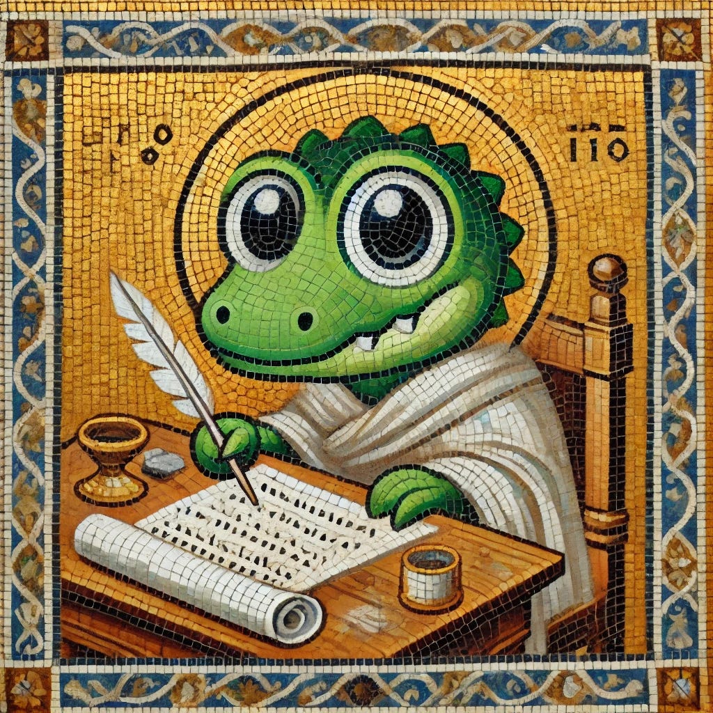 A traditional Byzantine-style mosaic of Croaky, a small, cute, and green anthropomorphic gator, depicted as a scribe. The artwork should be in the classic Byzantine iconography style, with a gold mosaic background, worn and weathered details, and flat, elongated forms. Croaky should be seated at a wooden desk, holding a quill and carefully writing on a parchment scroll. The mosaic should include intricate details and religious-inspired composition, evoking the craftsmanship of ancient Byzantine mosaics, complete with cracks and aged texture to enhance authenticity.