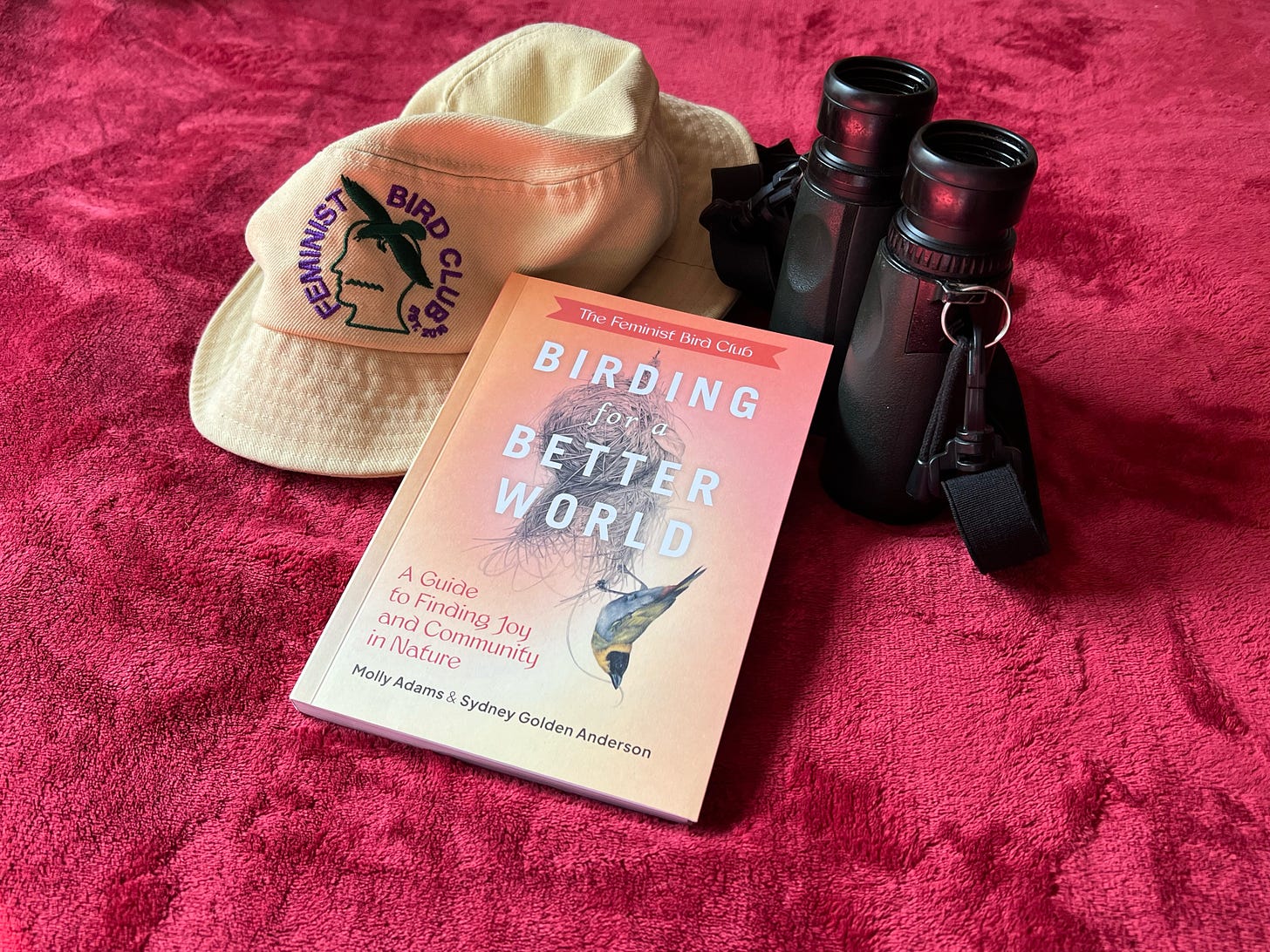a photo of the book "birding for a better world" on a red surface with a tan bucket hat that says "feminist bird club" and a pair of binoculars.