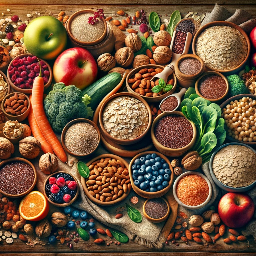 An illustration showcasing a diverse selection of fiber-rich foods, including whole grains, legumes, nuts, seeds, fruits, and vegetables. The scene is set on a rustic wooden table, providing a warm and inviting backdrop. The foods are artfully arranged to highlight their natural textures and colors, emphasizing the health benefits of a diet high in fiber. Visible are bowls of oatmeal, quinoa, lentils, and chickpeas, alongside plates piled with leafy greens, berries, apples, and oranges. A scattering of almonds, walnuts, and flaxseeds adds a finishing touch to the composition, portraying a balanced and nutritious meal plan.