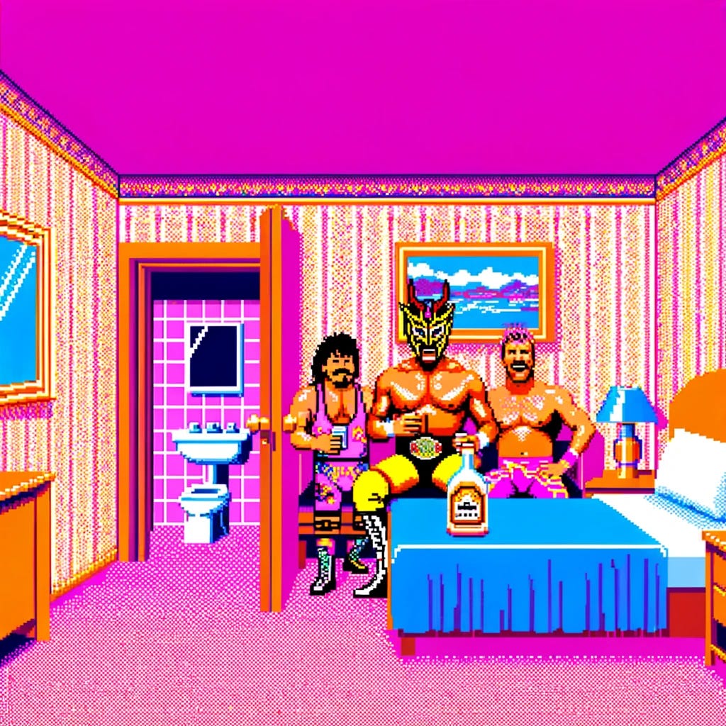 A 32-bit SNK Neo Geo style cut scene depicting an all-pink hotel room from 1991. The room features only one bed and the bathroom door is open, exposing the interior. Three professional wrestlers, in their colorful wrestling gear, are forced to share this cramped space. One wrestler wears a distinctive horned mask reminiscent of Jushin Thunder Liger, highlighting his unique identity among the trio. They are sharing a large bottle of tequila, a moment of camaraderie in an otherwise awkward situation. The room's decor and the wrestlers' attire are rendered in the vivid, pixelated detail characteristic of early 90s arcade games, capturing the essence of the era.