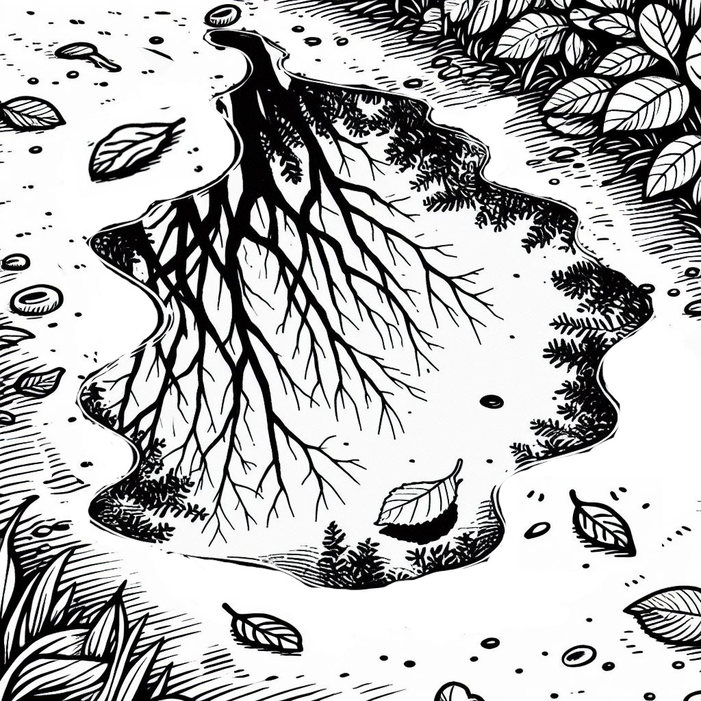 Black and white line drawing of a puddle reflecting a tree on a forest path.