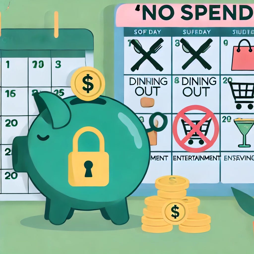 A professional and motivating illustration representing a 'no spend' challenge. The image features a piggy bank with a lock on it, surrounded by icons like a crossed-out shopping cart, dining out symbol, and entertainment icons, symbolizing non-essential spending being paused. In the background, there's a calendar with highlighted days to represent the challenge period and a small stack of coins growing beside it, symbolizing savings. The design should use calming and encouraging colors like soft greens and blues to convey a sense of mindfulness and financial control.