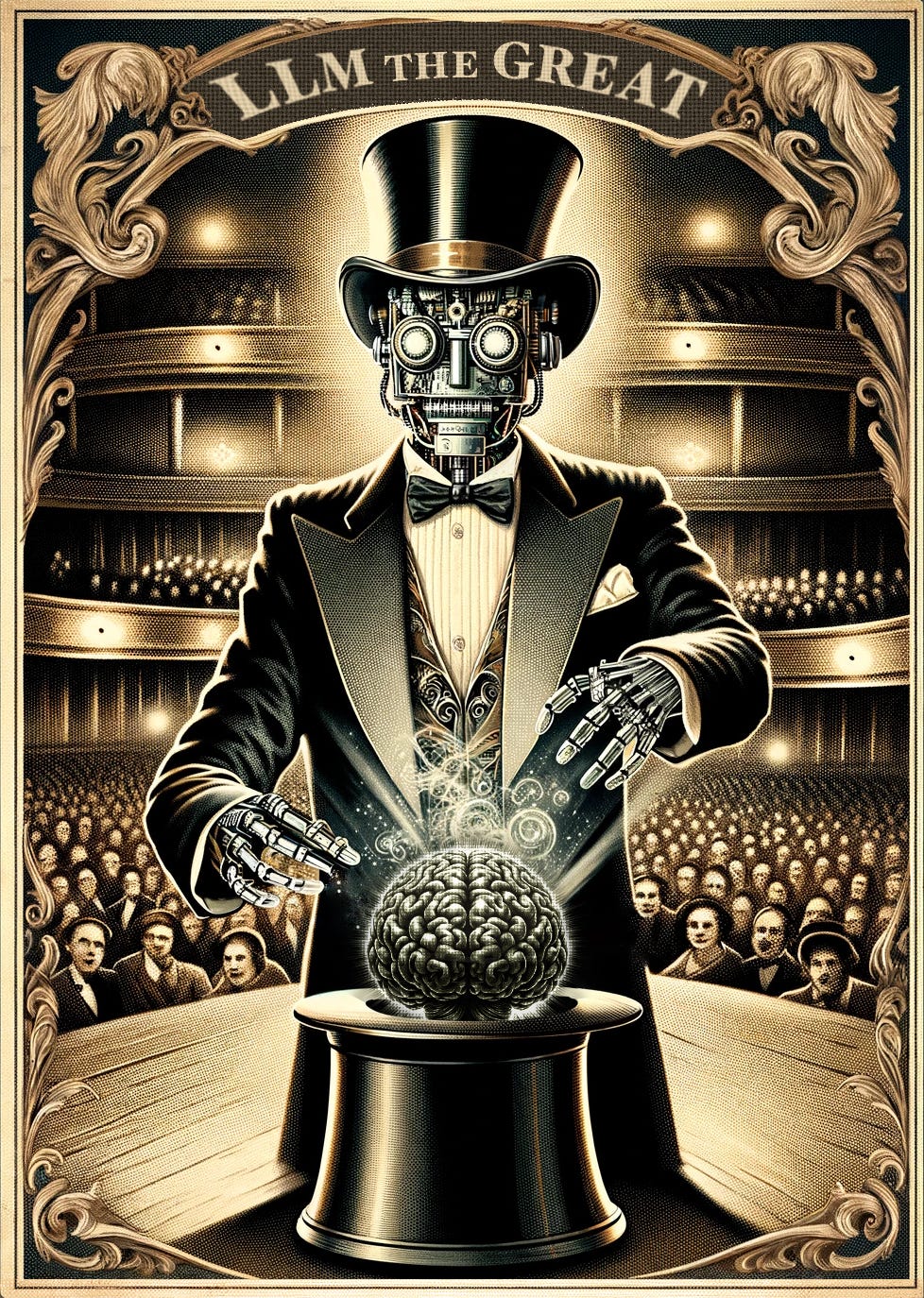LLM the Great robot magician conjuring a brain