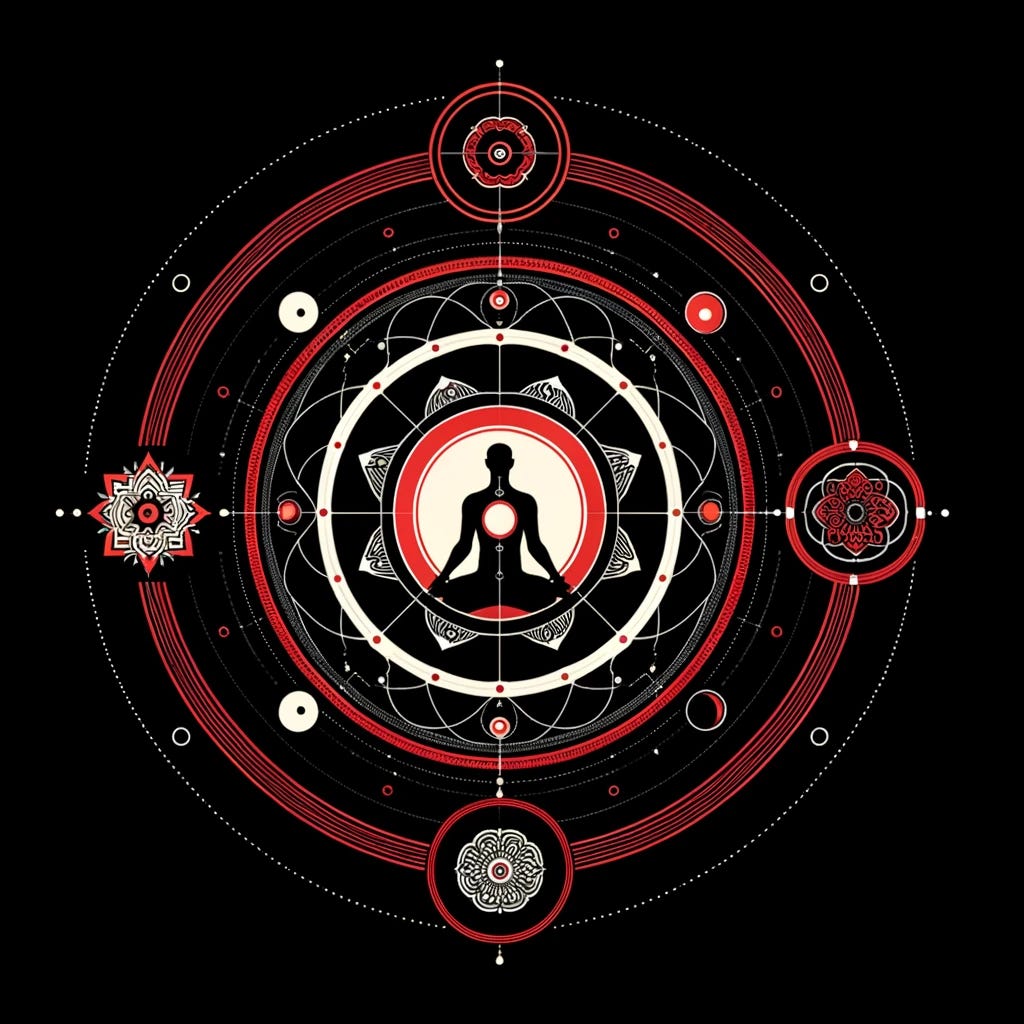 Design a simplified version of the classical tantra representation, focusing on the connection between an individual and the universe, using minimalistic mandalas. Emphasize red and black tones to maintain the atmosphere of intensity and mystery but streamline the composition to highlight the essence of the connection with fewer elements. The individual should be portrayed in a clear, serene state of meditation or connection, with a single, central mandala representing the cosmic order. This mandala should be straightforward yet symbolic, capturing the interconnectedness and unity with the universe in a more abstract and less detailed manner. The overall design should be cleaner and more focused, using space effectively to convey a sense of calmness, clarity, and the profound simplicity of the spiritual connection.