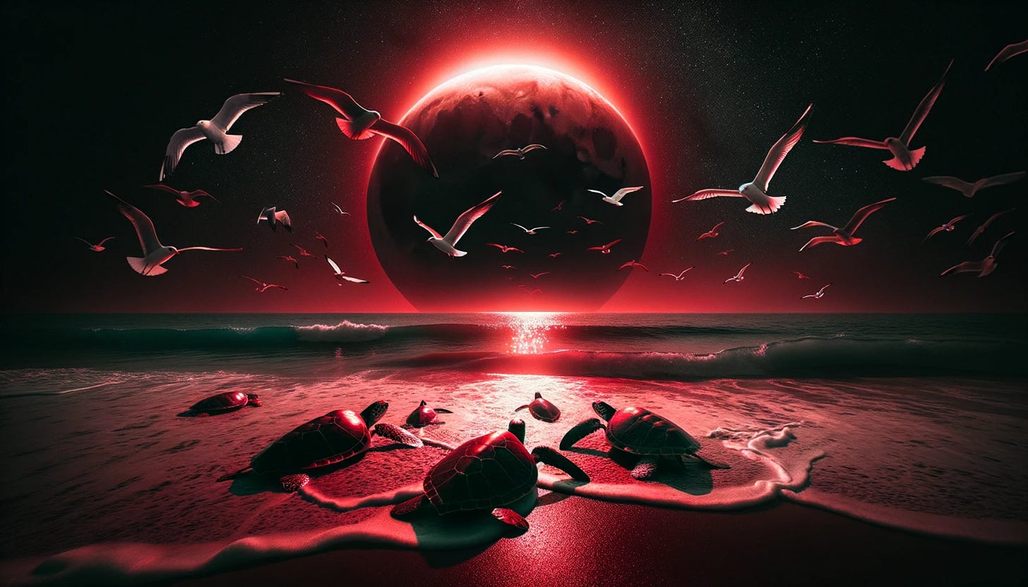 Digital art of a beach scene during a lunar eclipse. The darkened moon casts a red hue on the water. Sea turtles, illuminated by this crimson light, move towards the sea, while seagulls, looking almost ghostly, hover above, their roles reversed in this unusual light.
